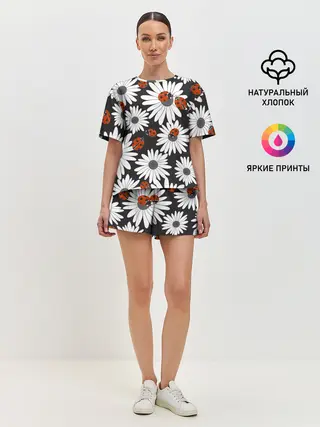 Женская пижама с шортами / Божьи коровки на ромашках