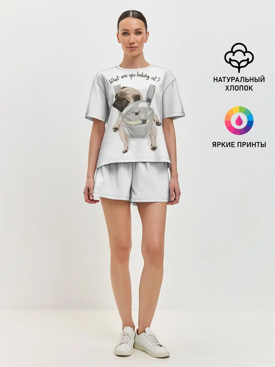 Женская пижама с шортами / Мопс в рюкзаке