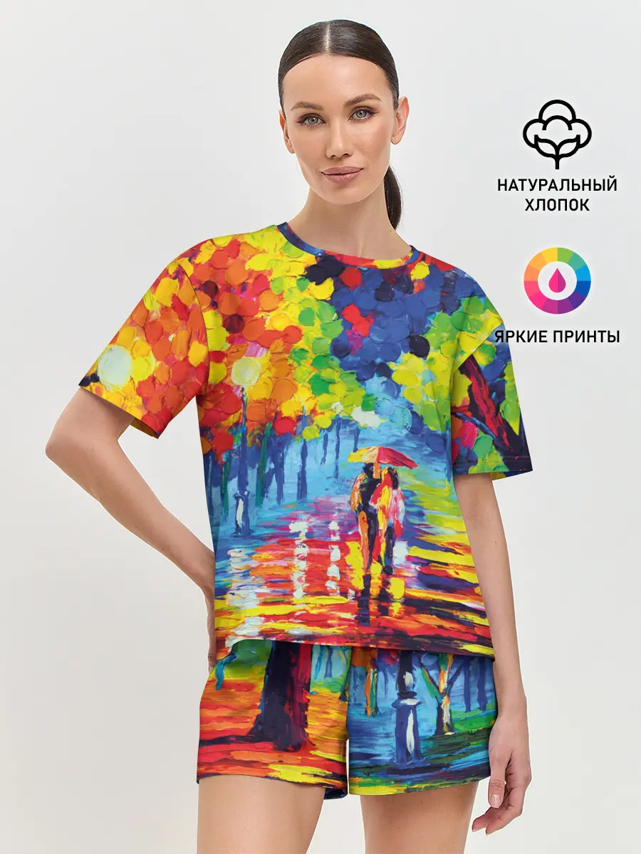 Женская пижама с шортами / Осенний бульвар