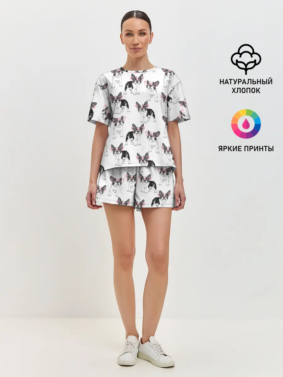 Женская пижама с шортами / Французские бульдоги в очках