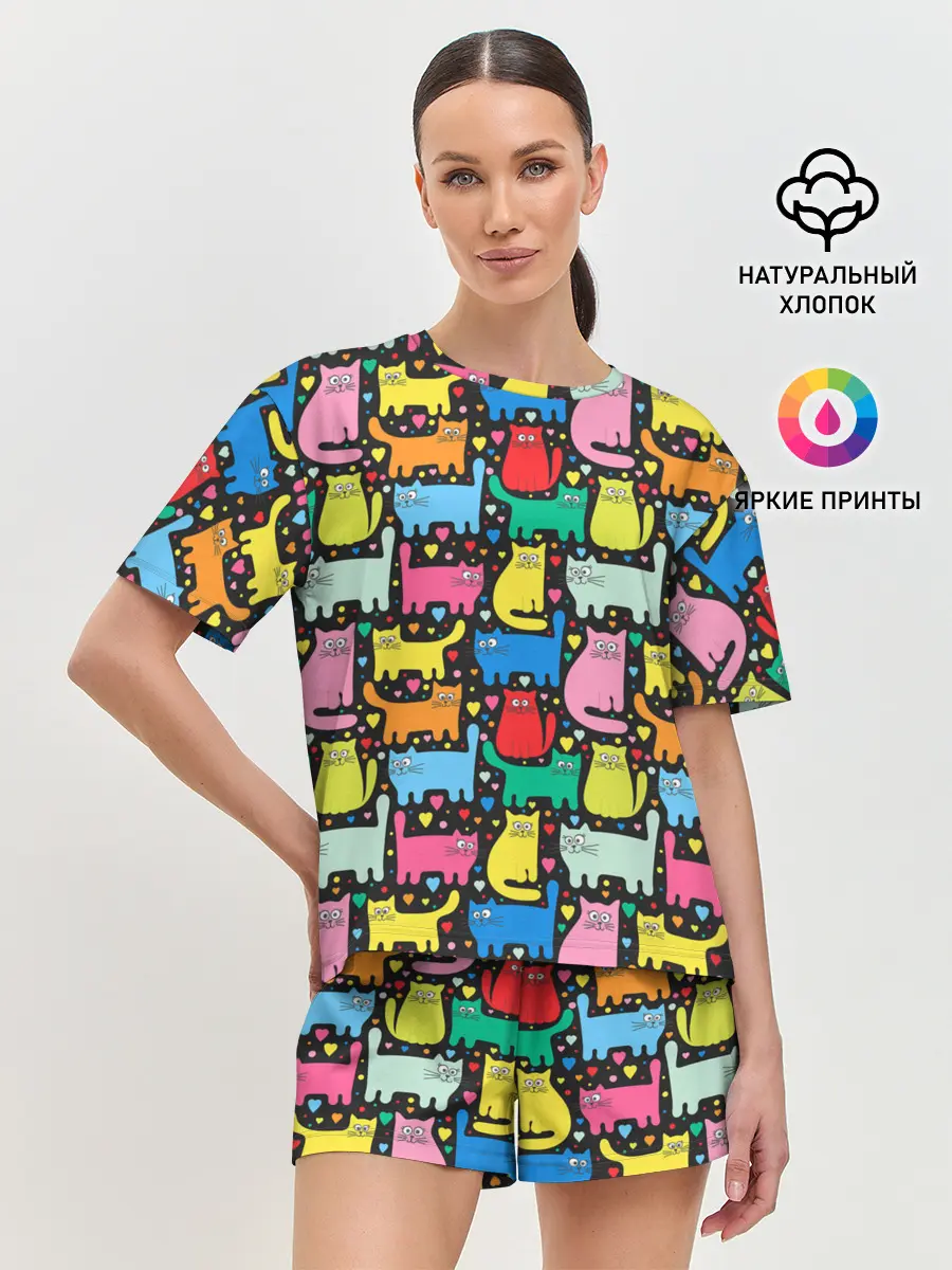 Женская пижама с шортами / Разноцветные котики