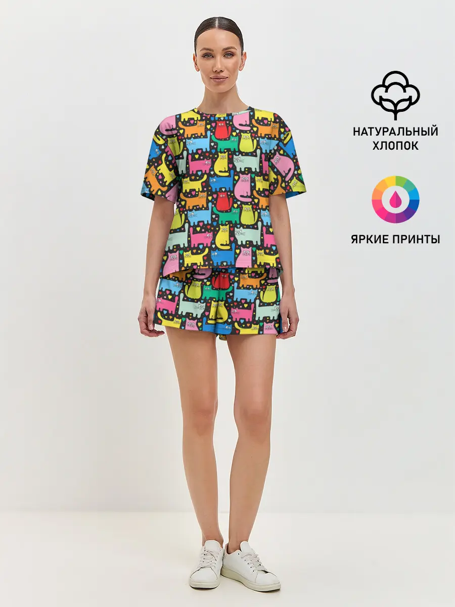 Женская пижама с шортами / Разноцветные котики