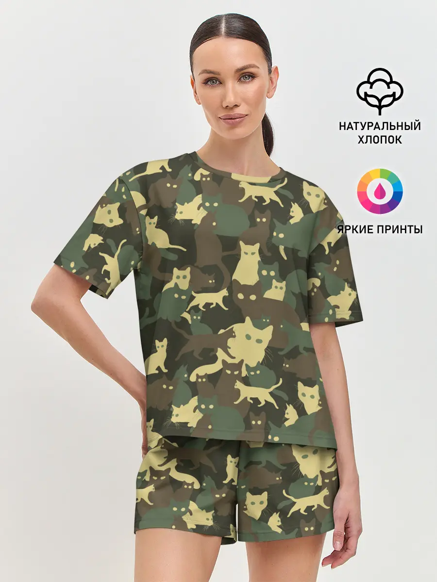 Женская пижама с шортами / Кошачий камуфляж