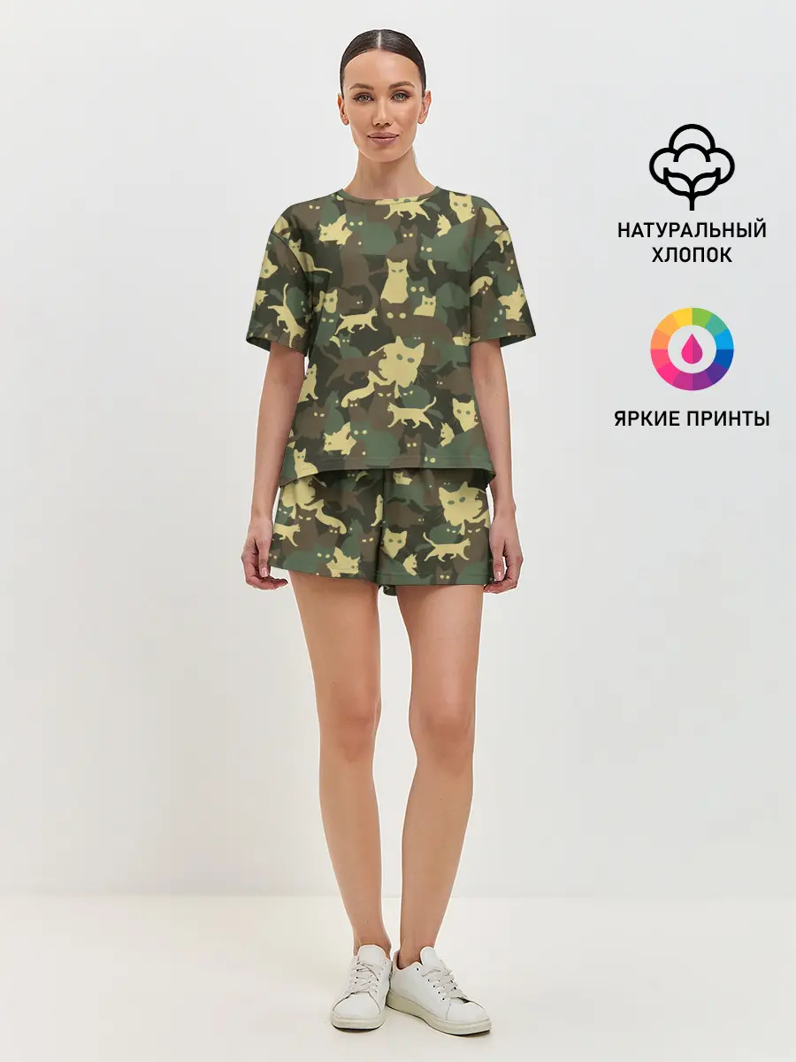 Женская пижама с шортами / Кошачий камуфляж
