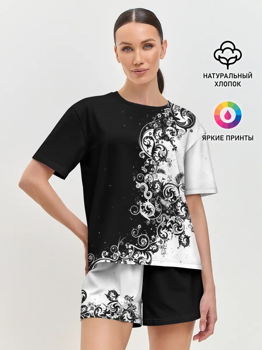 Женская пижама с шортами / Черно-белый узор.