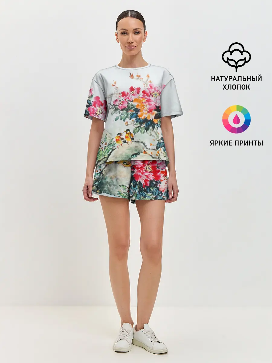 Женская пижама с шортами / Японские цветы