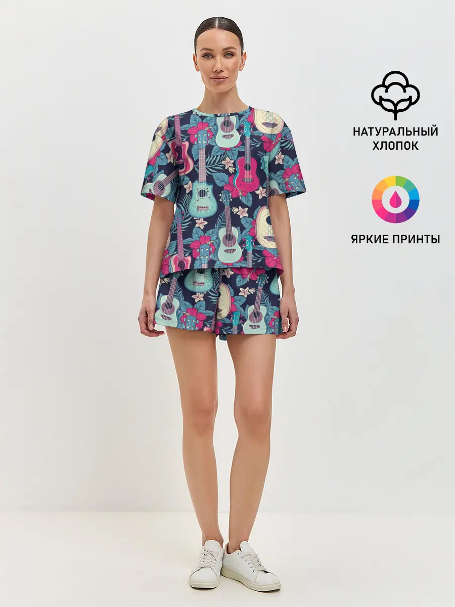 Женская пижама с шортами / Укулеле фруктовые
