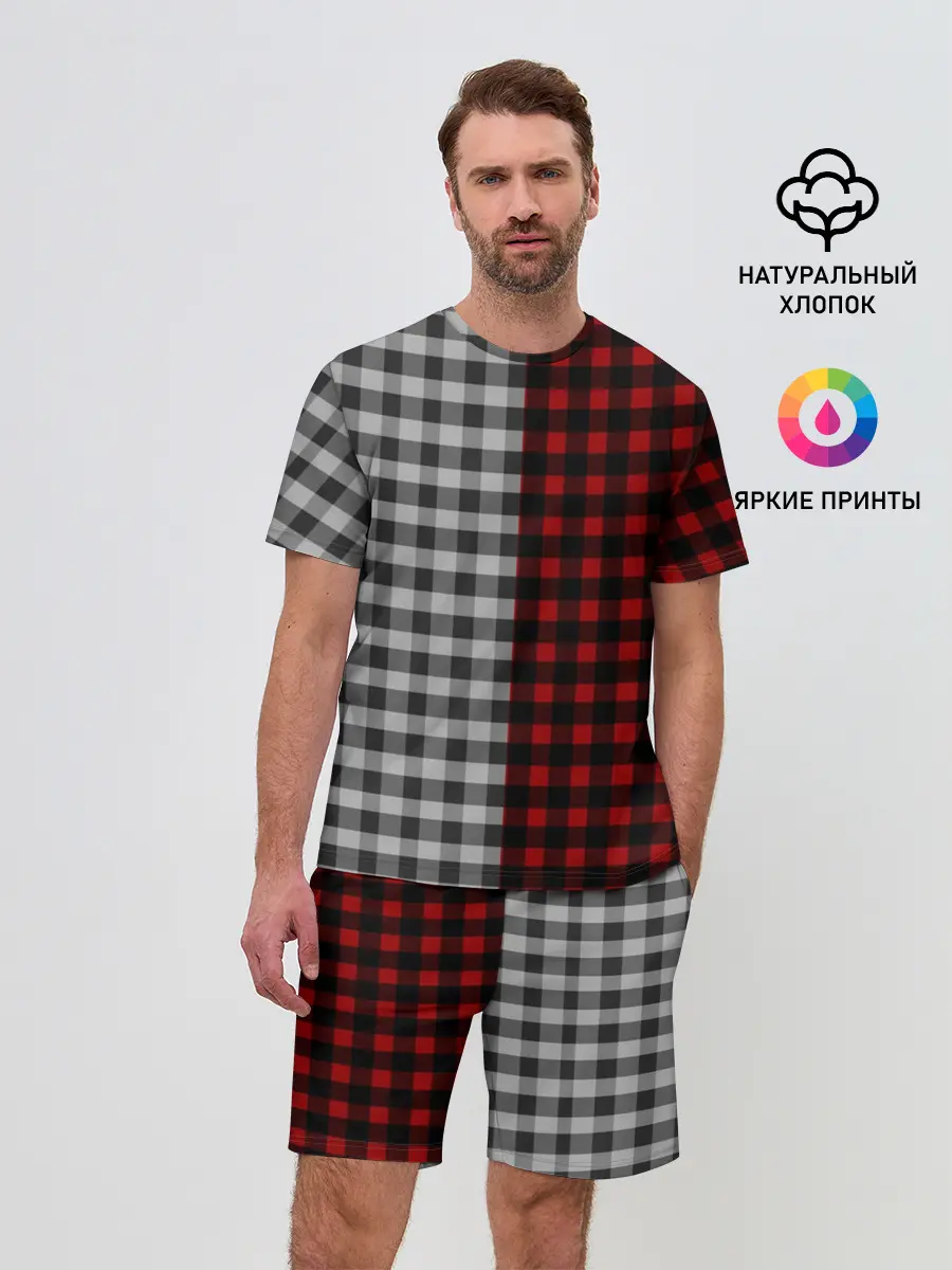 Мужской костюм с шортами / Красно белая рубашка в клетку