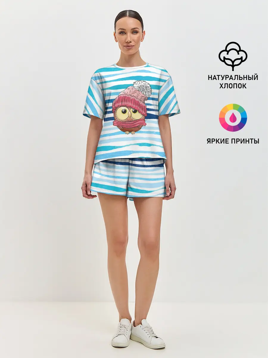 Женская пижама с шортами / Сова в шапке
