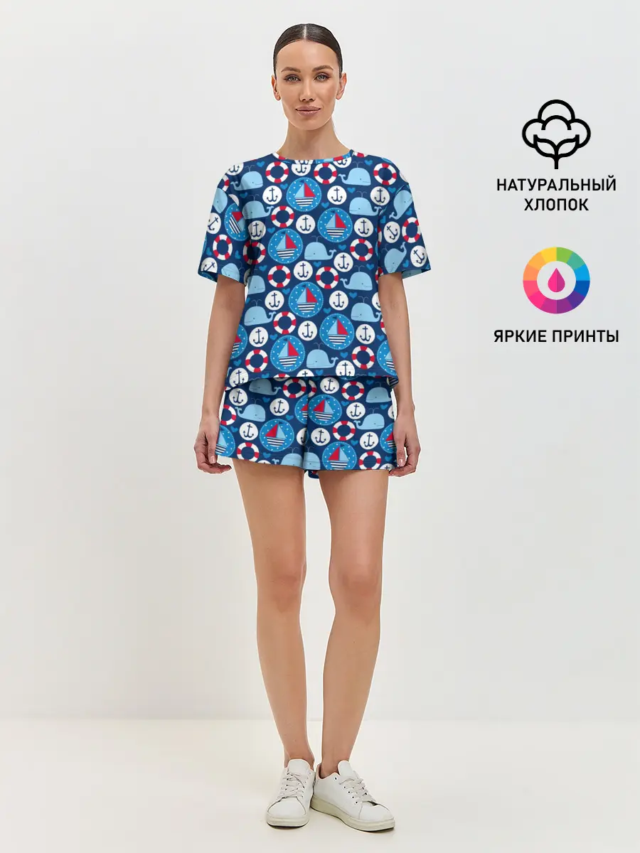 Женская пижама с шортами / Киты и яхты