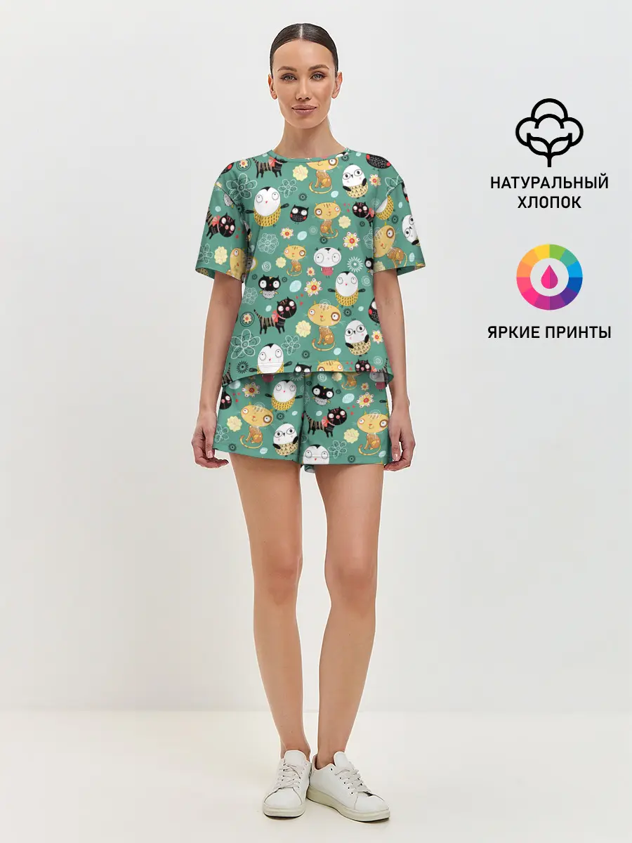 Женская пижама с шортами / Совы и котики
