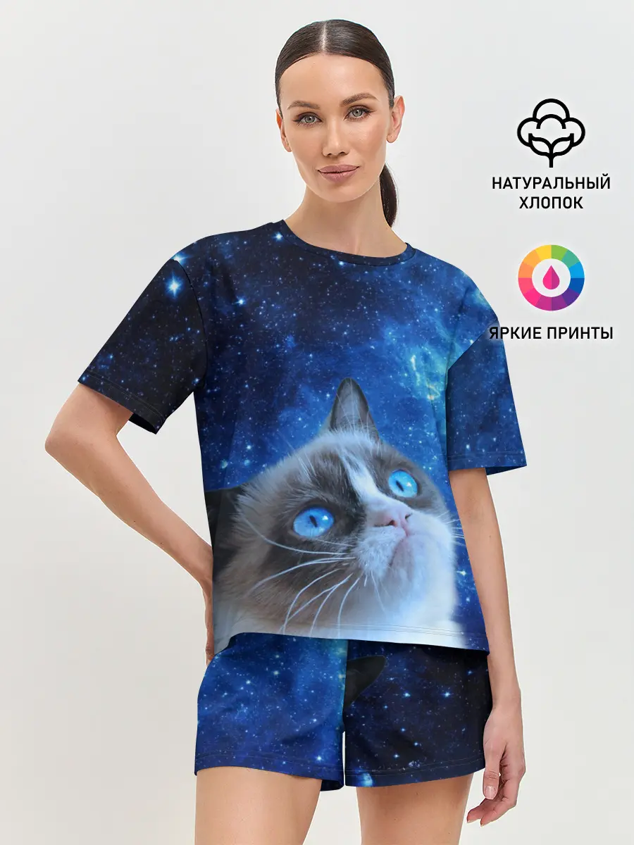 Женская пижама с шортами / Сердитый кот в космосе