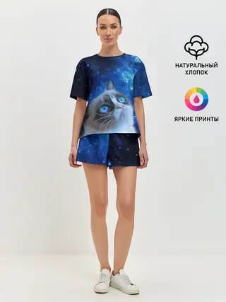 Женская пижама с шортами / Сердитый кот в космосе