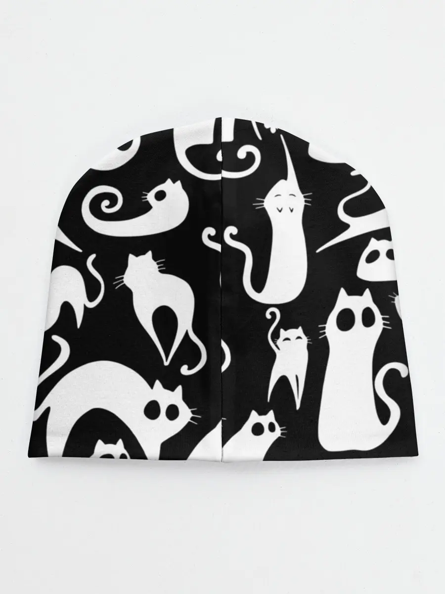 Детская шапка / Белые коты на черном фоне