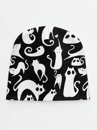 Детская шапка / Белые коты на черном фоне