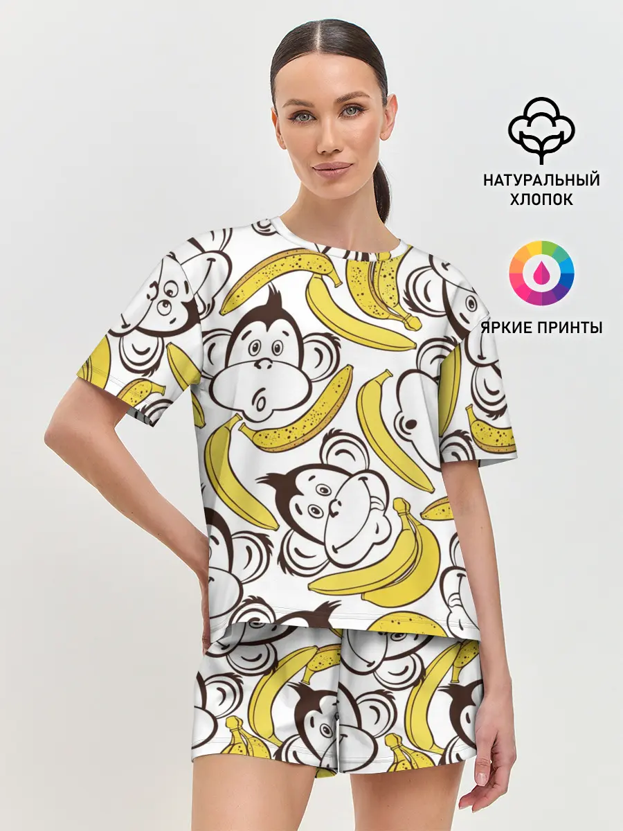 Женская пижама с шортами / Обезьянки и бананы