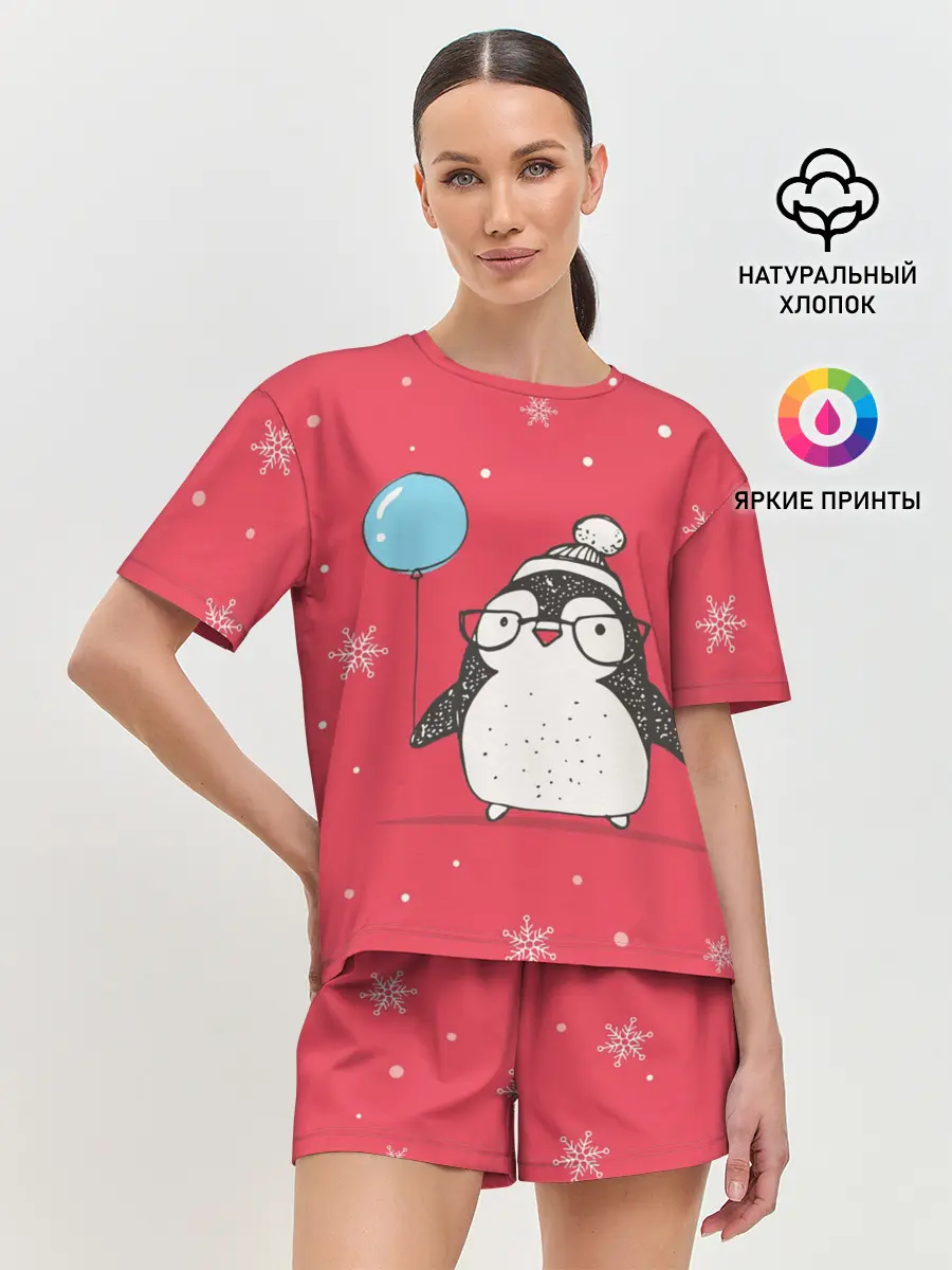 Женская пижама с шортами / Пингвин с шариком