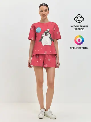 Женская пижама с шортами / Пингвин с шариком