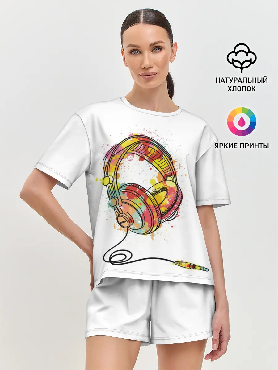 Женская пижама с шортами / Красочные наушники