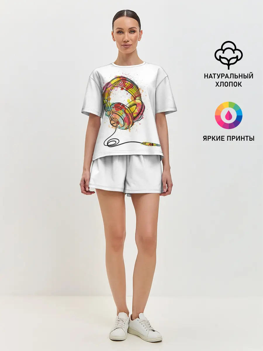 Женская пижама с шортами / Красочные наушники