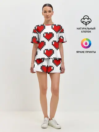 Женская пижама с шортами / Пиксельные сердечки
