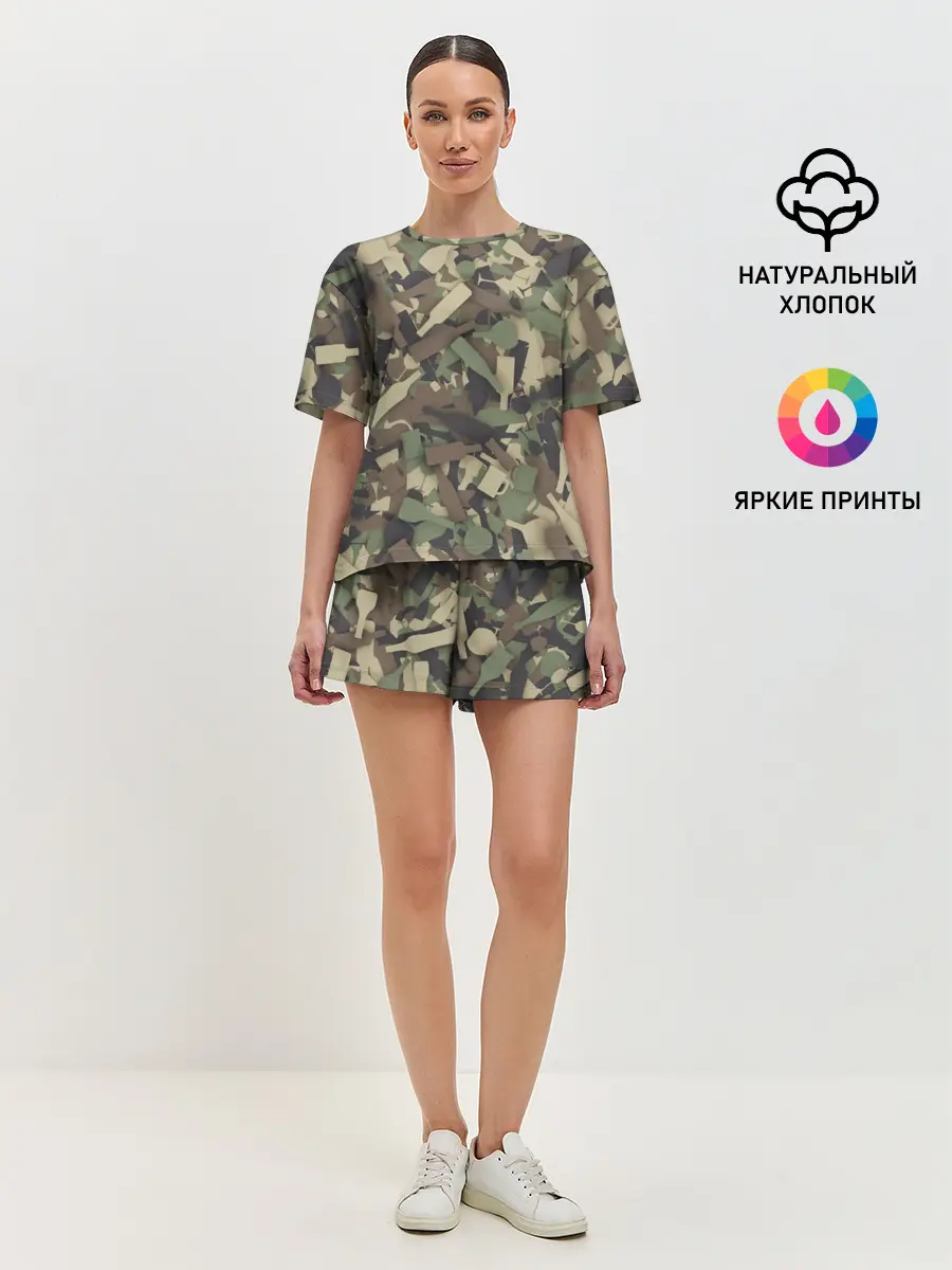 Женская пижама с шортами / Лесной камуфляж с бутылками