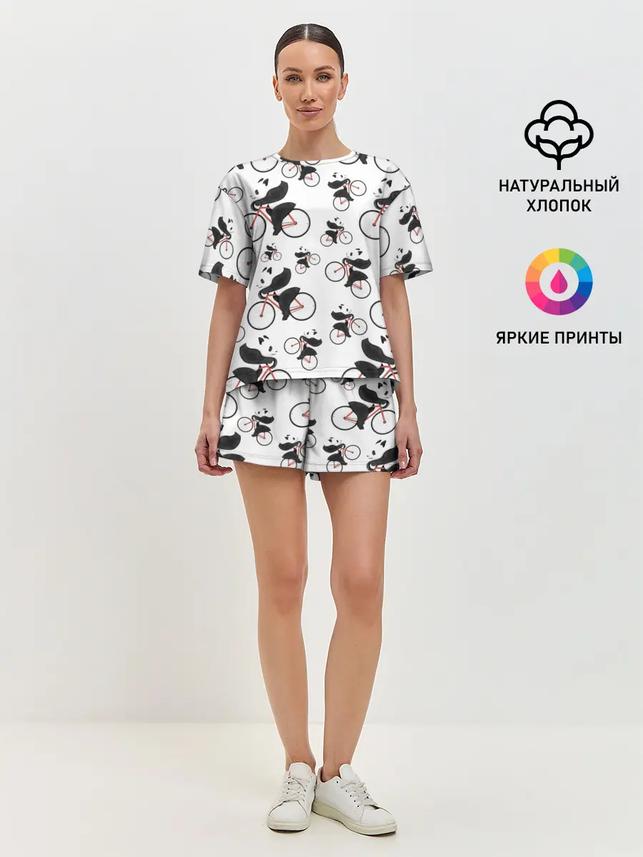 Женская пижама с шортами / Панды На Велосипеде