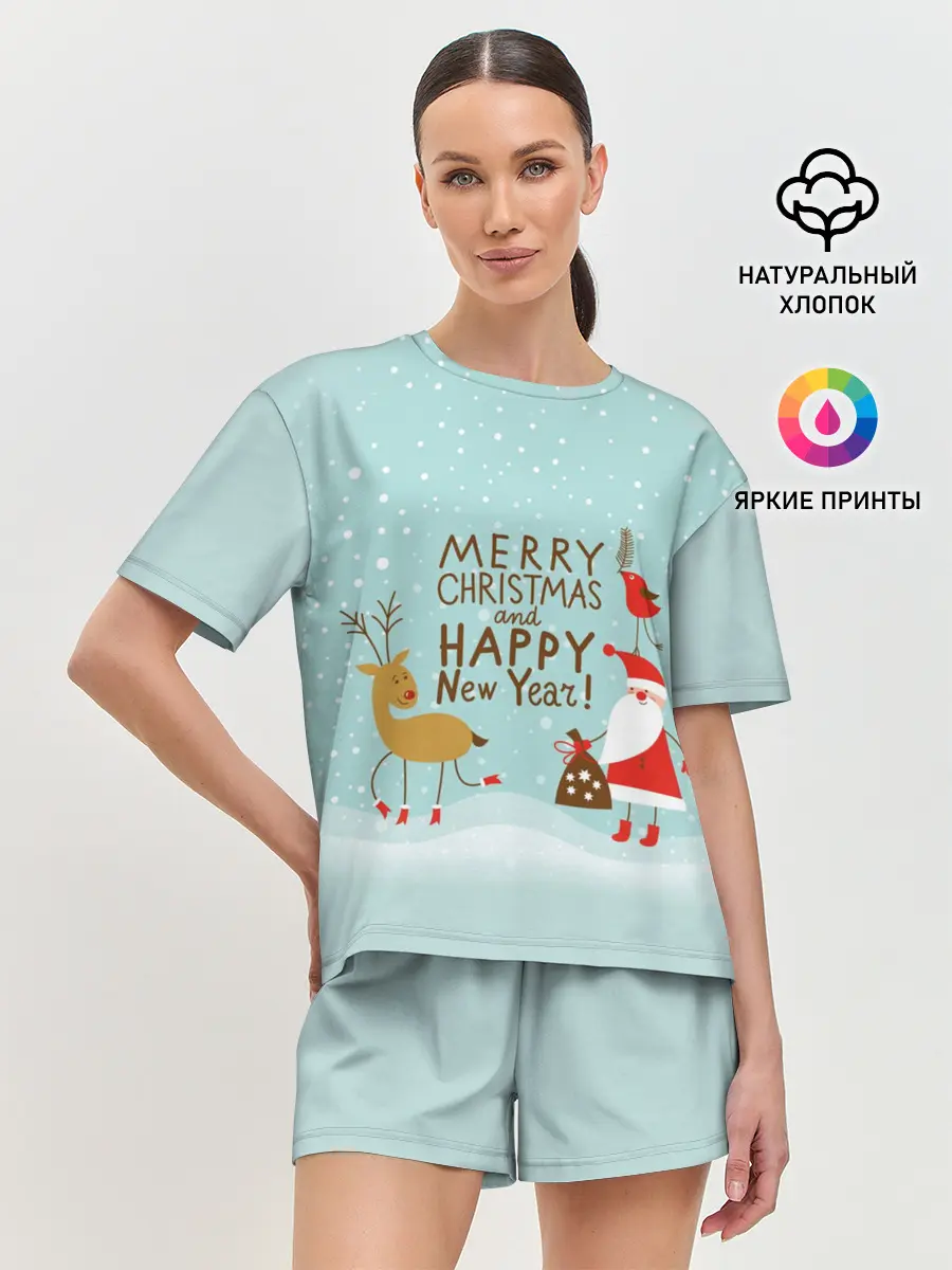 Женская пижама с шортами / олень и Дед Мороз