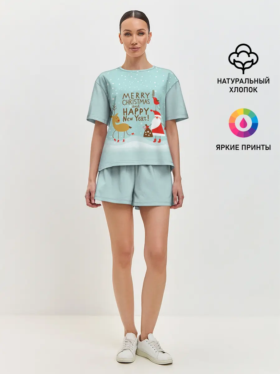 Женская пижама с шортами / олень и Дед Мороз