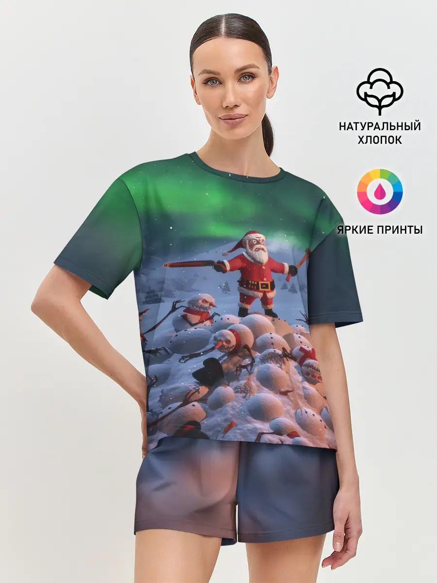 Женская пижама с шортами / Дед мороз и снеговики-зомби