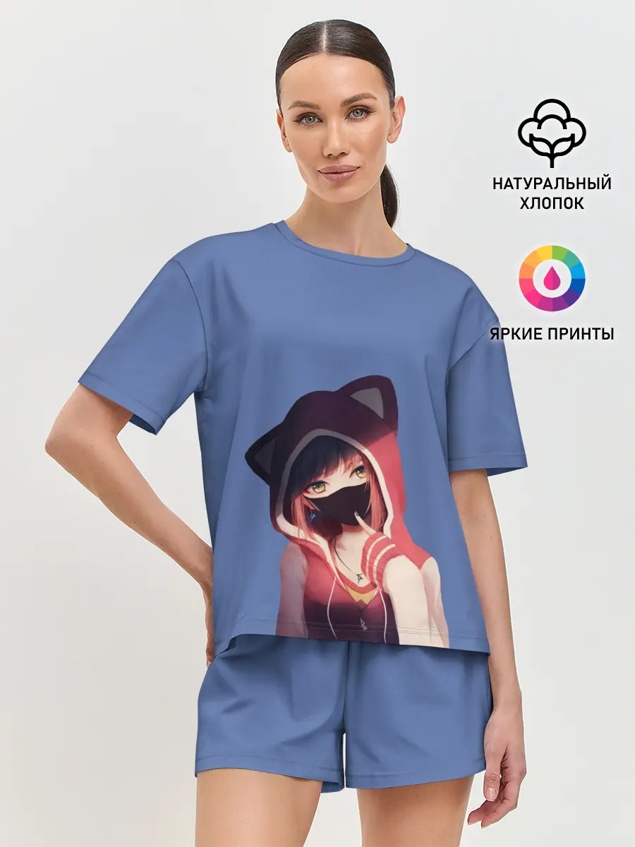 Женская пижама с шортами / Аниме девушка в маске с ушками