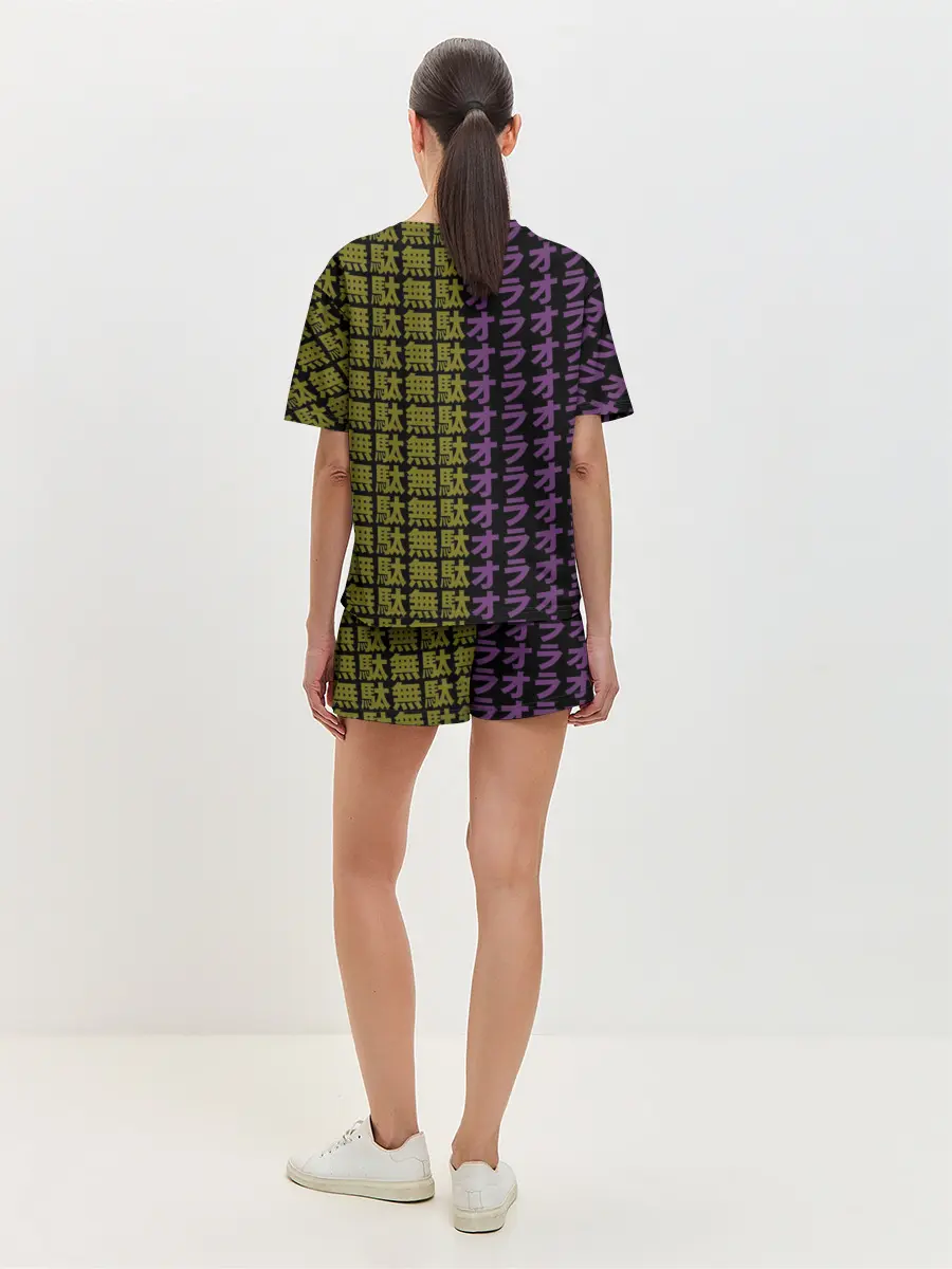 Женская пижама с шортами / желто-фиолетовые иероглифы