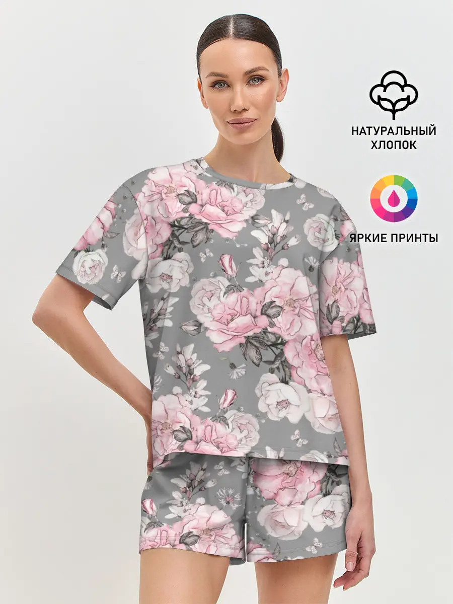 Женская пижама с шортами / Розовые розы