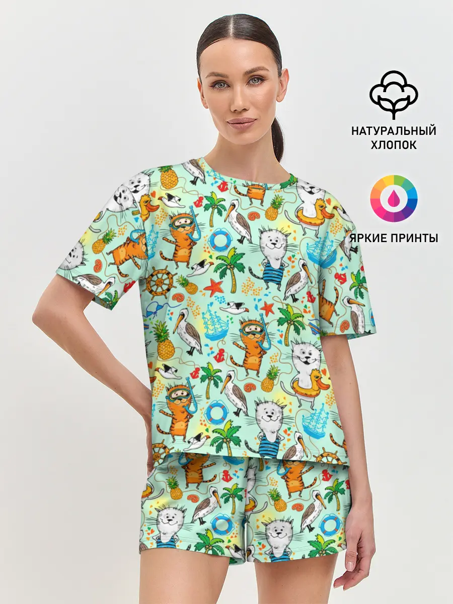 Женская пижама с шортами / Коты на отдыхе