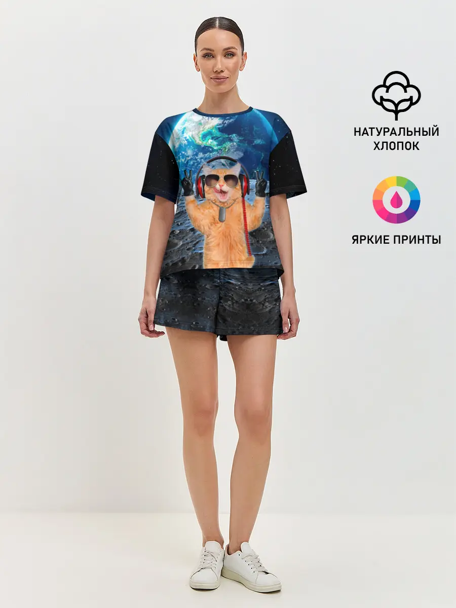 Женская пижама с шортами / Кот на луне