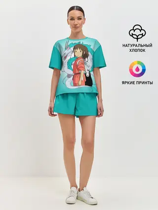 Женская пижама с шортами / Тихиро и Хаку зеленый фон