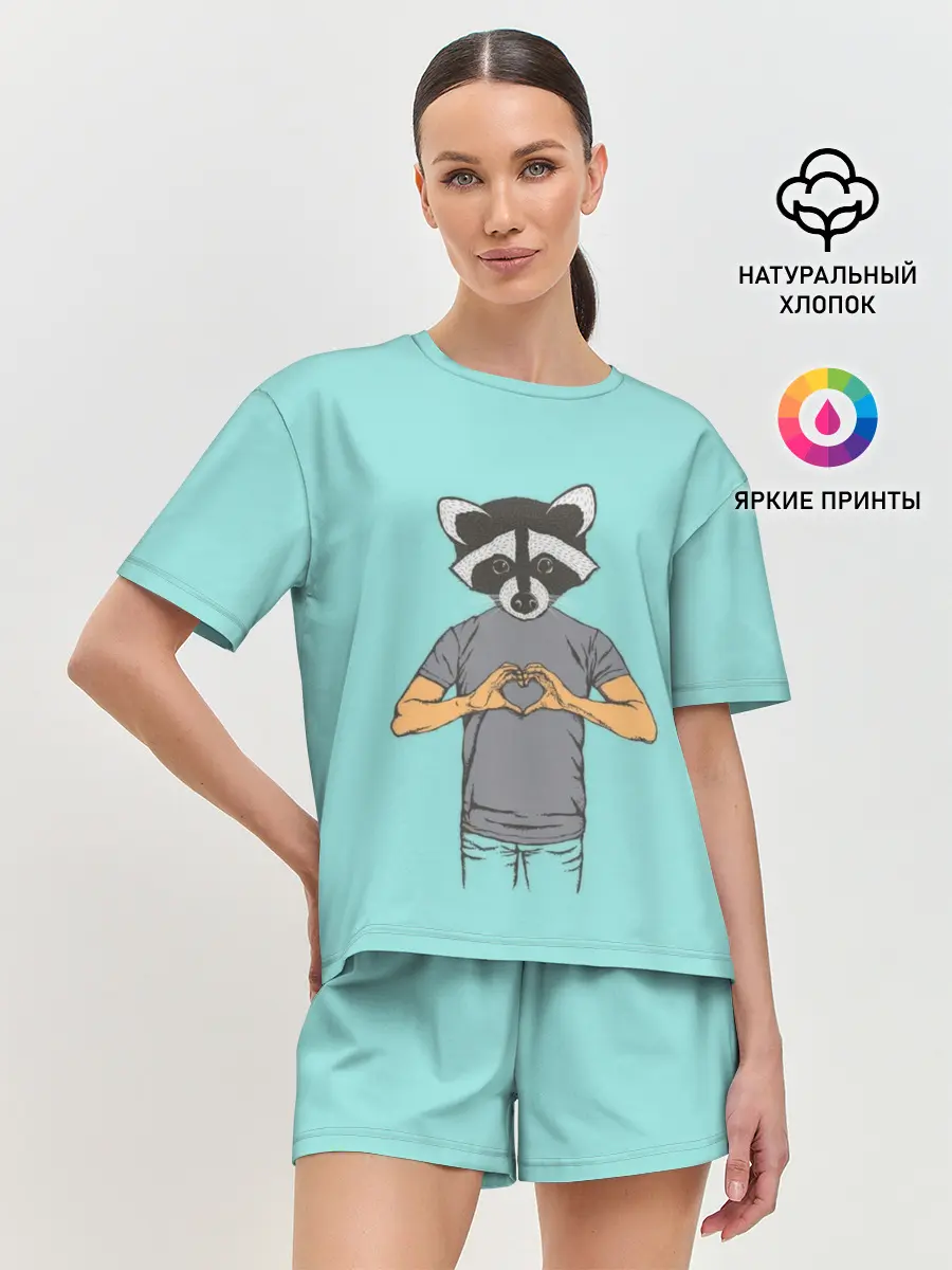 Женская пижама с шортами / Енот Хипстер Love