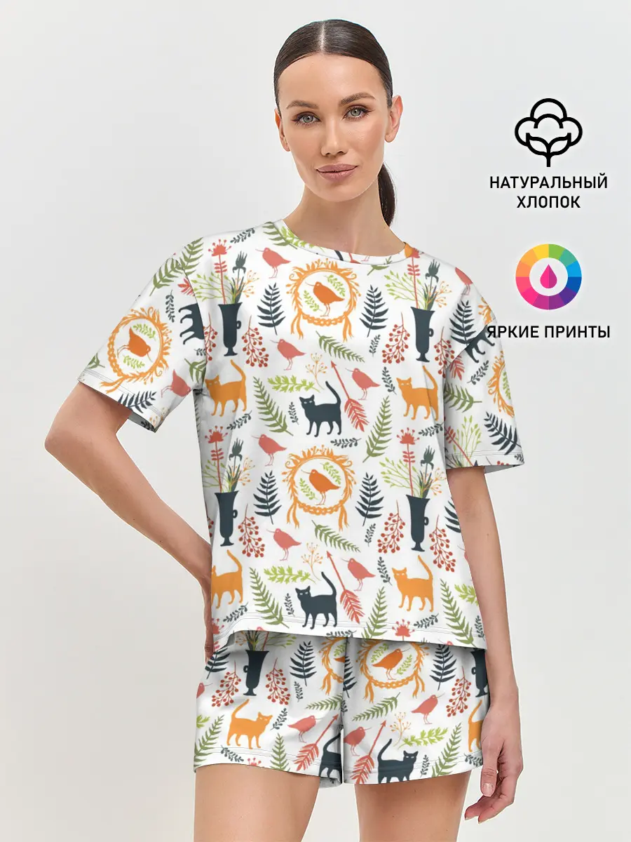 Женская пижама с шортами / О кошках и птичках
