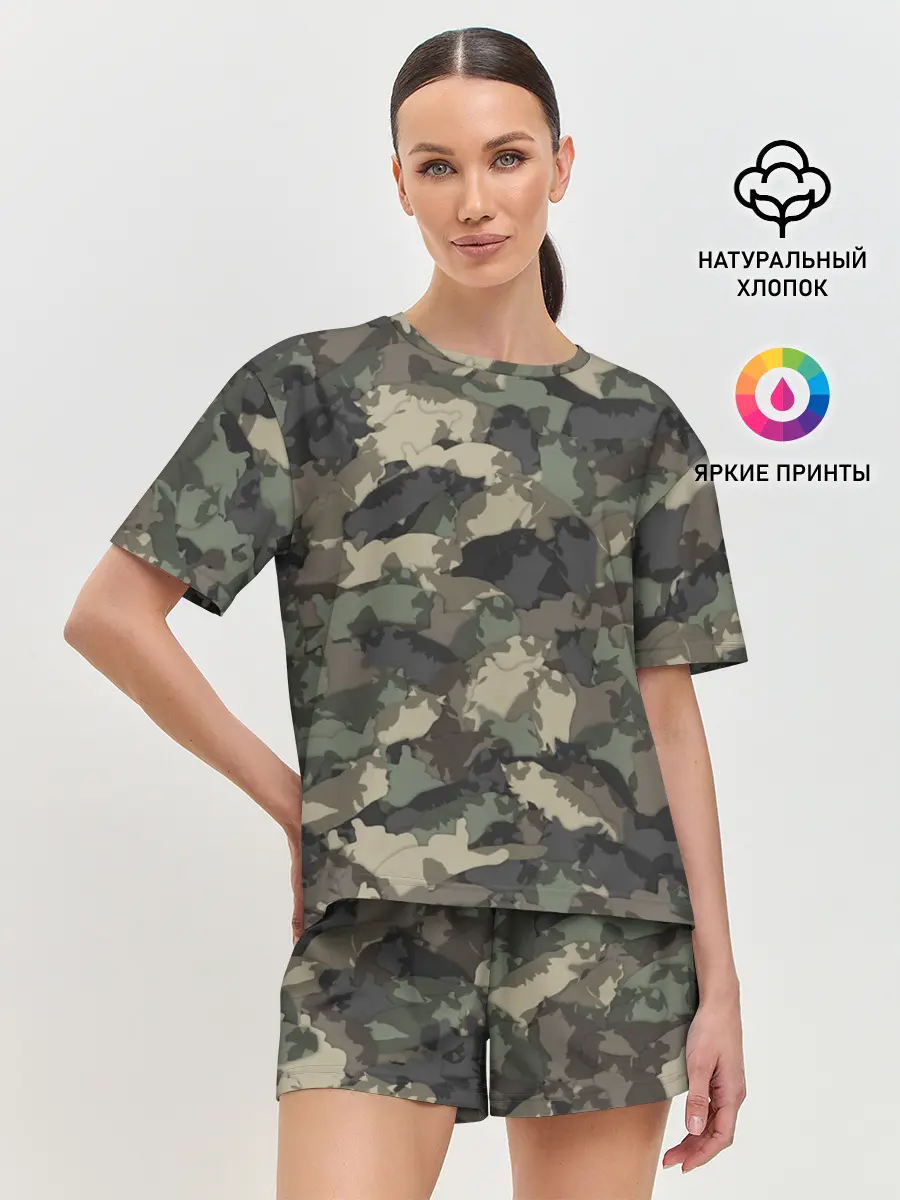Женская пижама с шортами / Камуфляж с толстыми котами