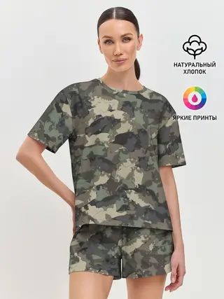 Женская пижама с шортами / Камуфляж с толстыми котами