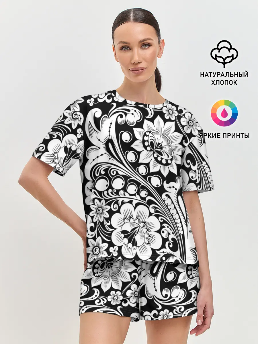Женская пижама с шортами / Хохлома чб