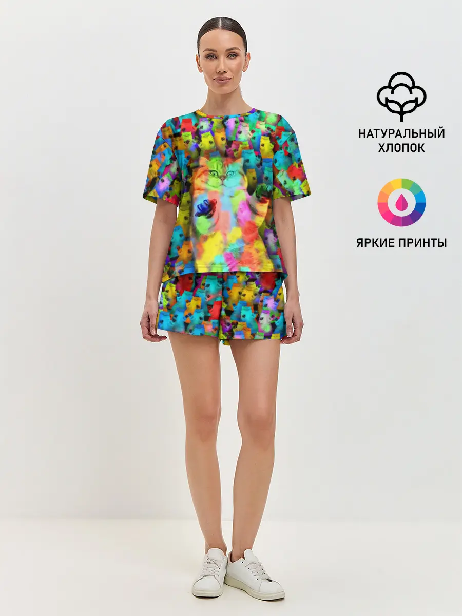 Женская пижама с шортами / Котики на дискотеке