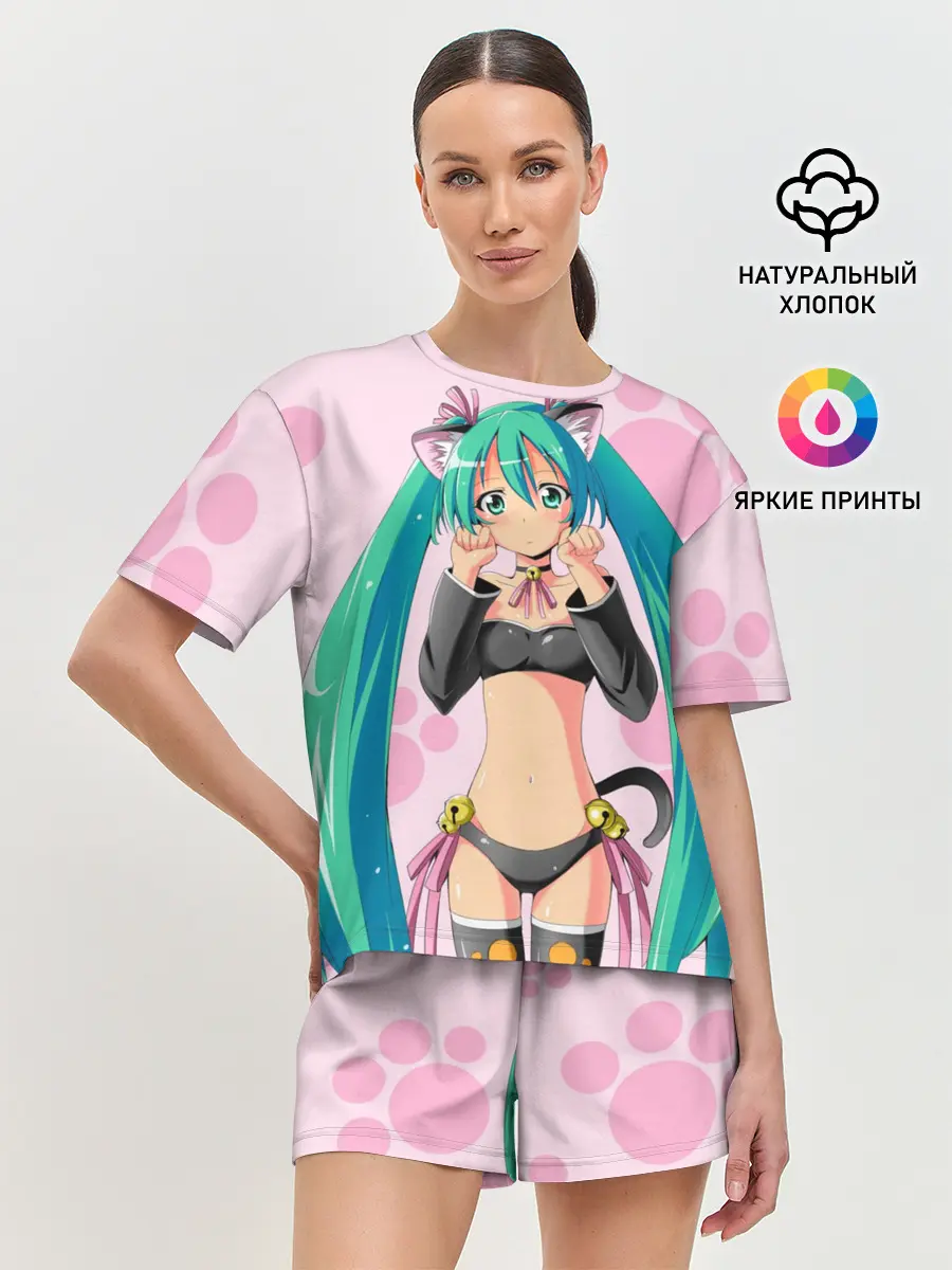 Женская пижама с шортами / Хатсуне Мику на розовом фоне