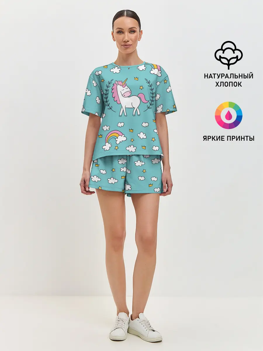 Женская пижама с шортами / Единорог радуга
