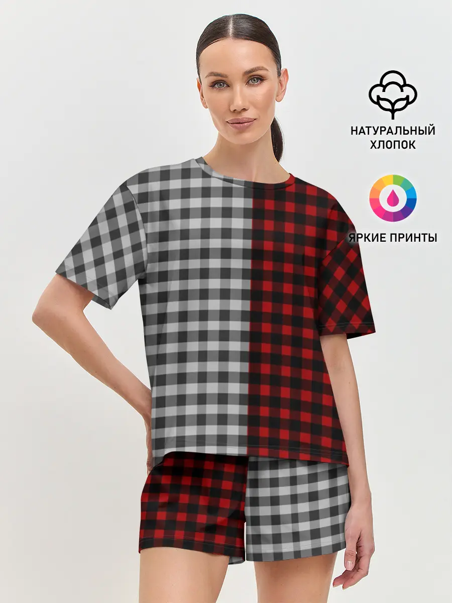 Женская пижама с шортами / Красно белая рубашка в клетку