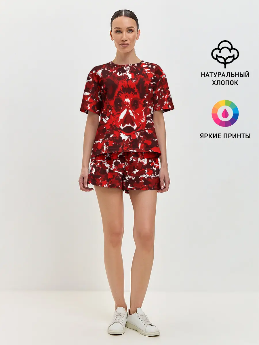 Женская пижама с шортами / Краснобелый камуфляж с кабаном