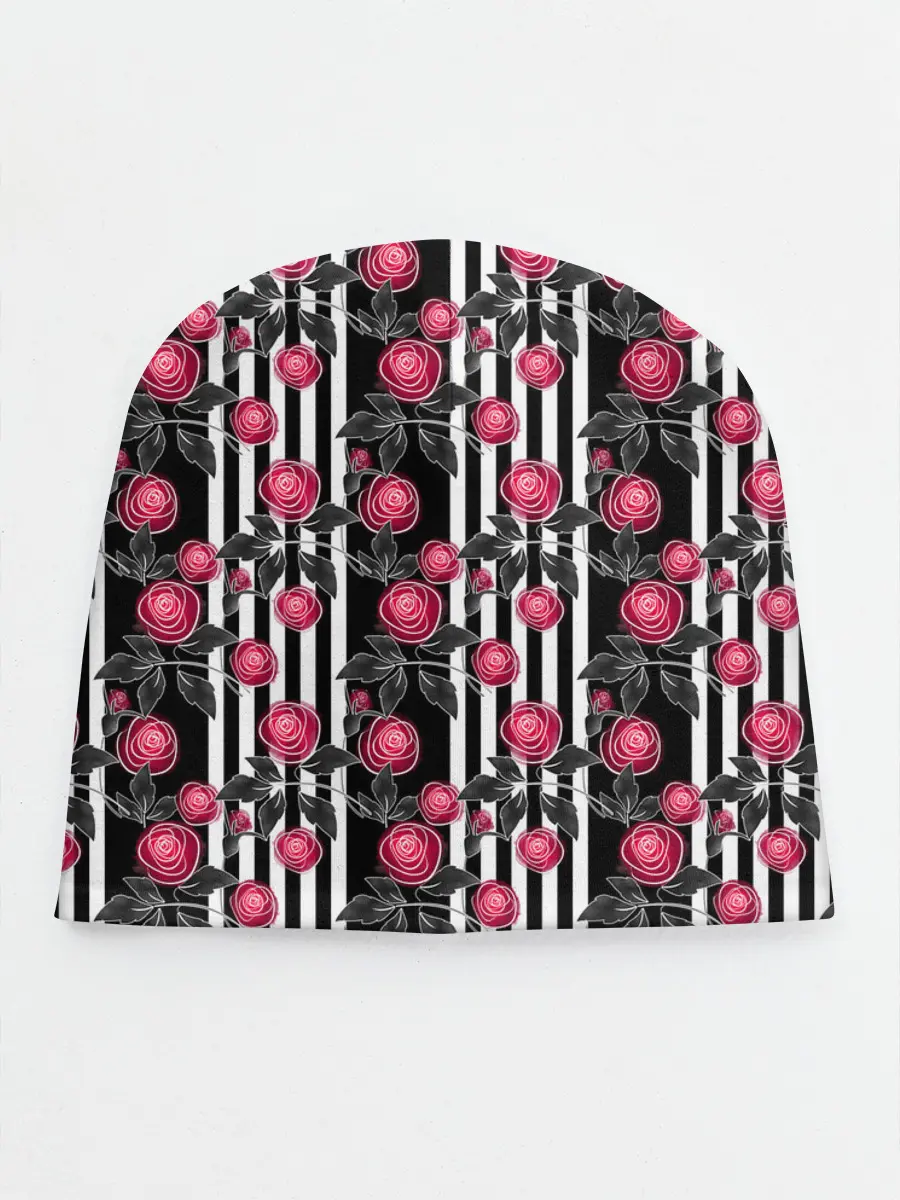 Детская шапка / акварельные розы на полосатом