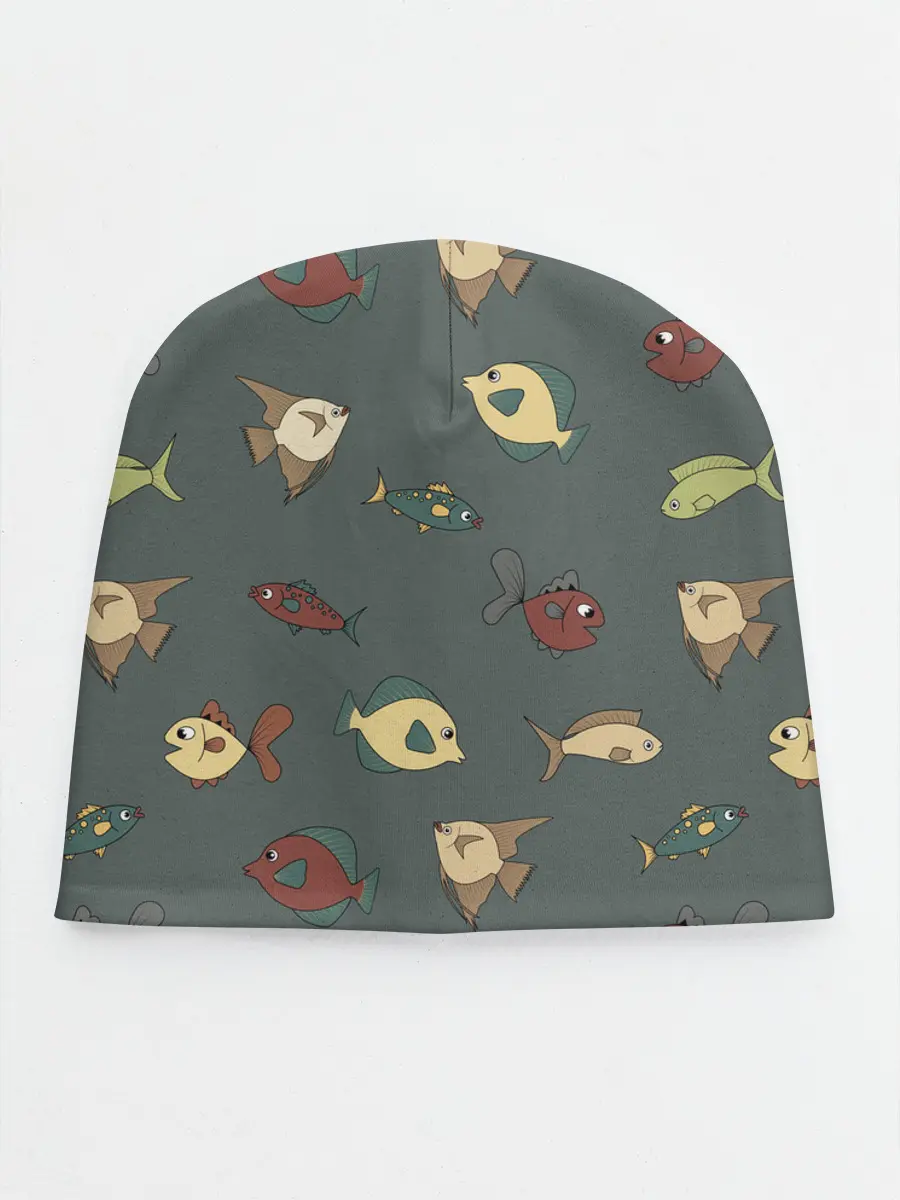 Детская шапка / Морские рыбки на зеленом фоне
