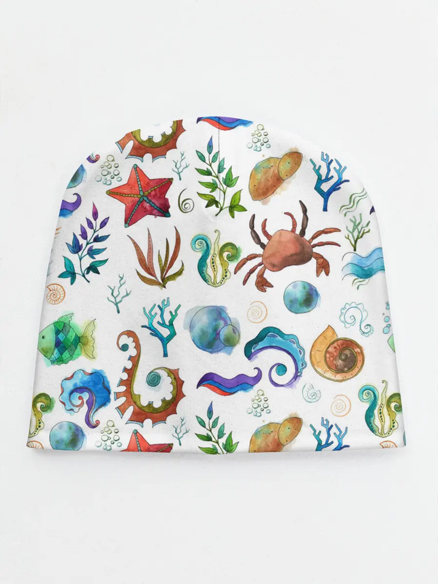 Детская шапка / Морской паттерн с крабами и водорослями