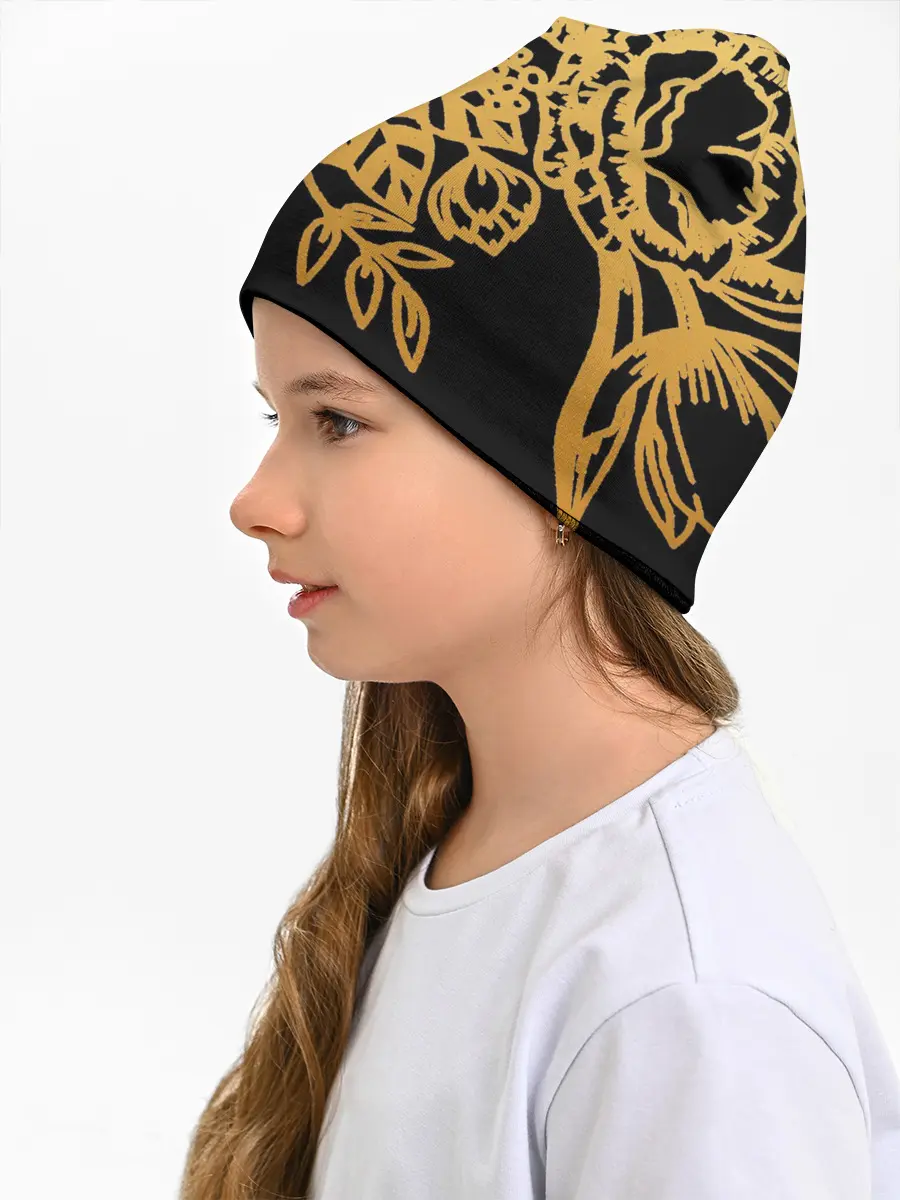 Детская шапка / Золотые цветы на белом